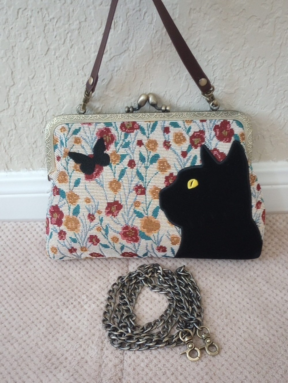 Victorian Style Floral Tapestry & Cat Crossbody Clutch Handbag